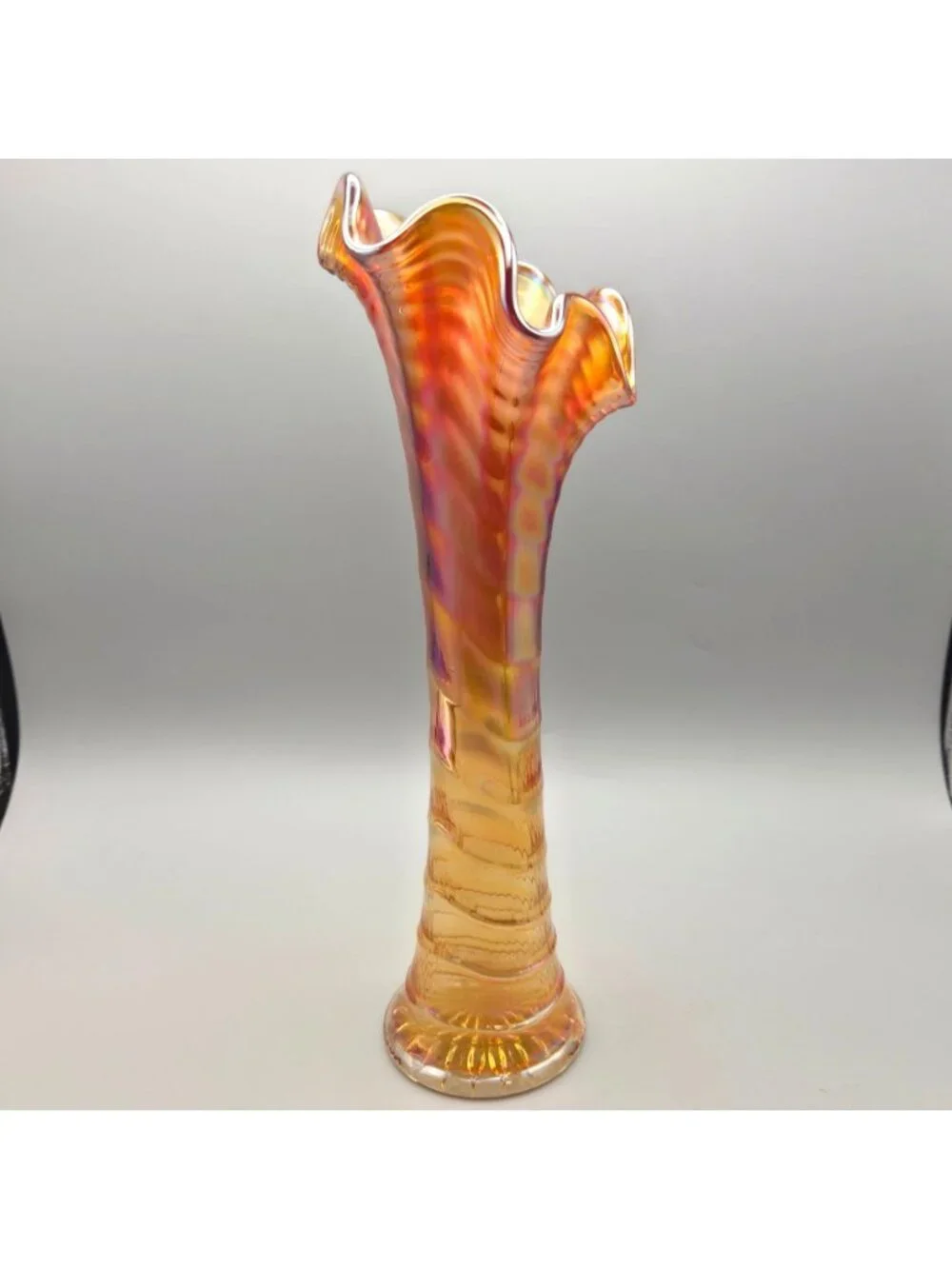 Vintage Imperial Ripple Carnival Glass Vase Ruffled Amber Iridescent Swung 11